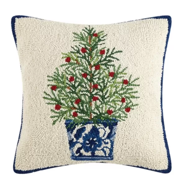 Pillows-Kirkland's Home Chinoiserie Tree Blue Trim Wool Christmas Pillow Ivory/Blue/Green