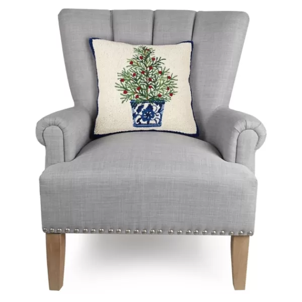Pillows-Kirkland's Home Chinoiserie Tree Blue Trim Wool Christmas Pillow Ivory/Blue/Green