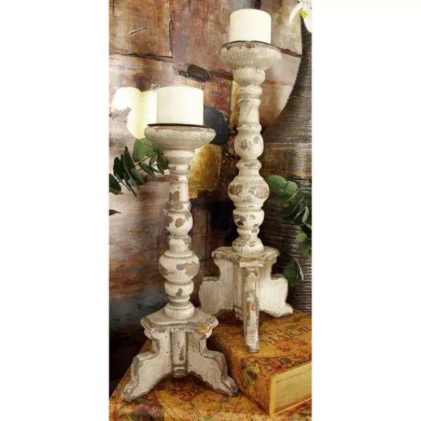 Candle Holders-Kirkland's Home Chipped Wood Pillar Candle Holders, Set Of 2 White