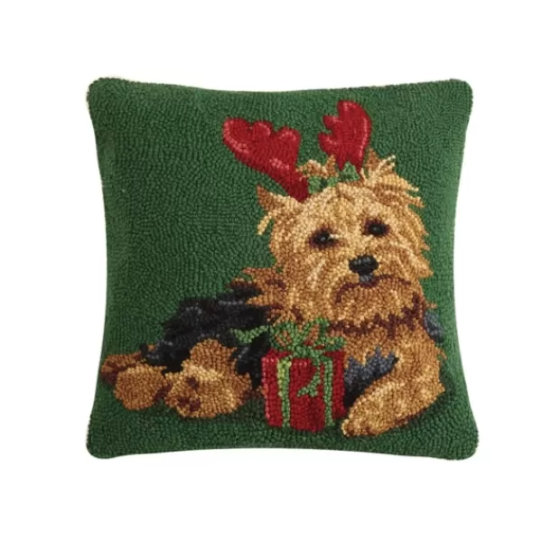 Pillows-Kirkland's Home Christmas Yorkie Wool Pillow Green/Brown