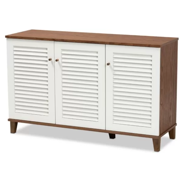 Entryway Furniture-Kirkland's Home Collier Two-Tone 3-Door Shoe Storage Cabinet Brown/White