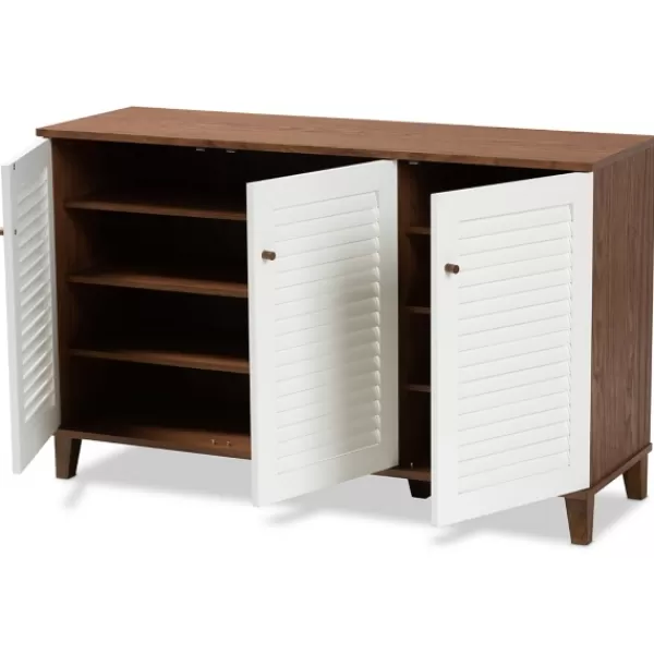 Entryway Furniture-Kirkland's Home Collier Two-Tone 3-Door Shoe Storage Cabinet Brown/White