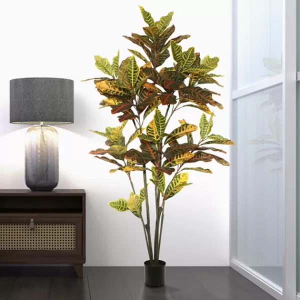 Trees & Topiaries-Kirkland's Home Colorful Croton Tree In Black Planter, 5 Ft.