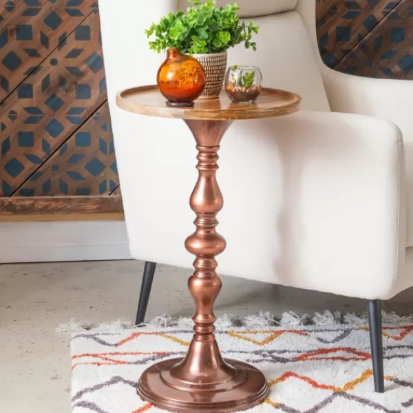 Accent & End Tables-Kirkland's Home Copper Plated Accent Table With Mango Wood Top Brown
