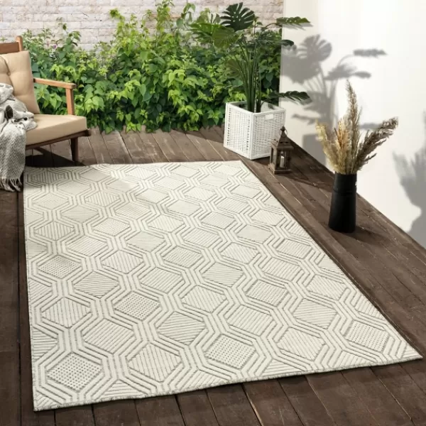 Outdoor Rugs-Kirkland's Home Cream And Blue Geo Indoor/Outdoor Area Rug, 7X9 White/Blue