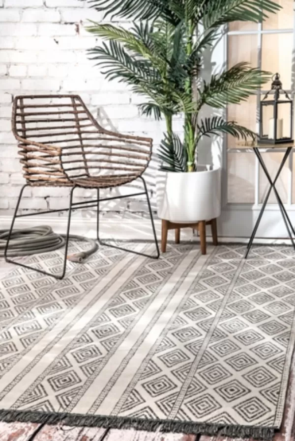 Outdoor Rugs-Kirkland's Home Cream And Gray Miriam Striped Outdoor Rug, 8X10 Gray/Ivory