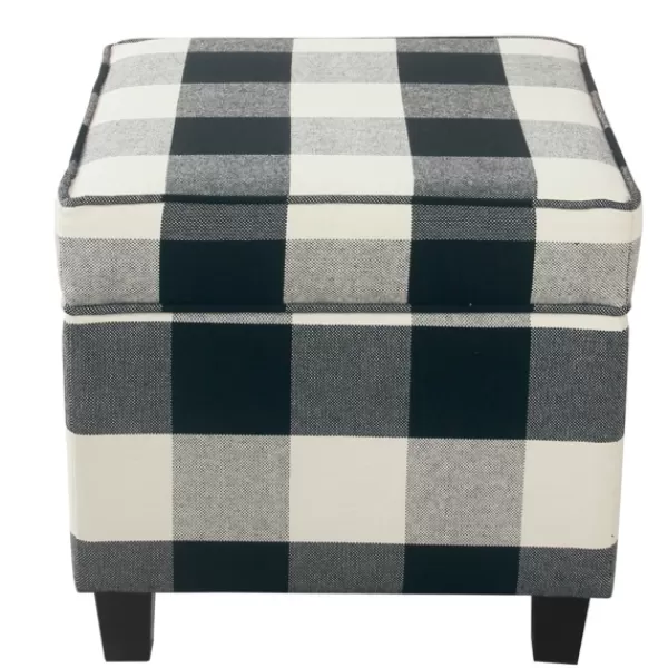 Benches & Ottomans-Kirkland's Home Cream Buffalo Plaid Upholstered Storage Ottoman Black/White