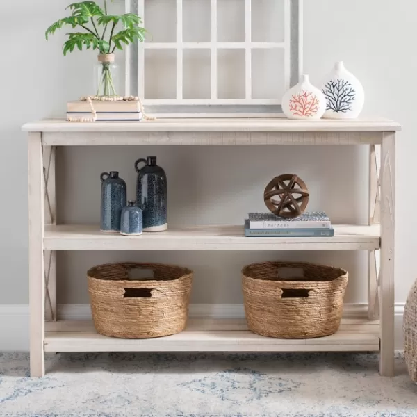 Entryway Furniture-Kirkland's Home Cream Wooden Plank X-Frame Console Table Ivory