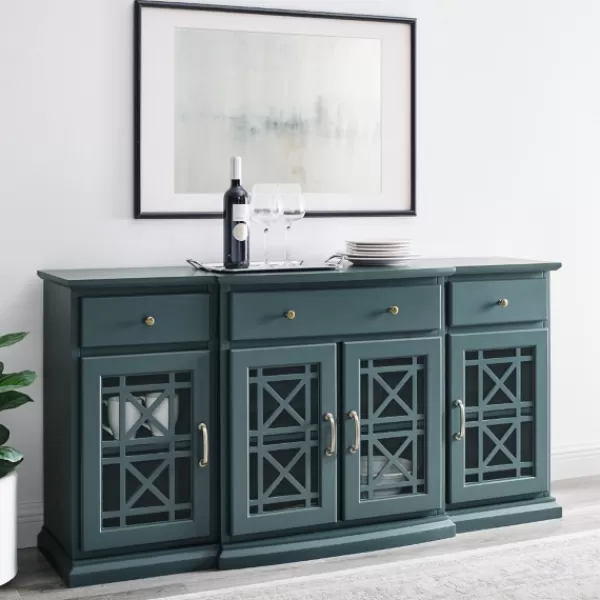 Cabinets & Sideboards-Kirkland's Home Dark Teal Tiered Fretwork Cabinet Blue