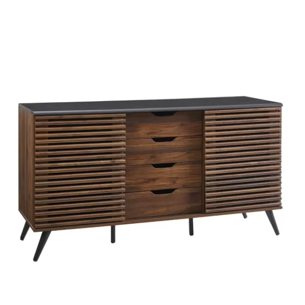 Cabinets & Sideboards-Kirkland's Home Dark Walnut Slatted 4-Drawer Cabinet Brown