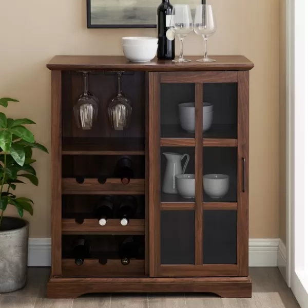Cabinets & Sideboards-Kirkland's Home Dark Walnut Sliding Glass Door Bar Cabinet Brown