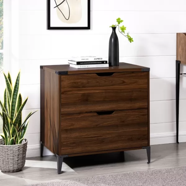 Office Furniture-Kirkland's Home Dark Walnut Wood And Iron Accent Filing Cabinet Brown