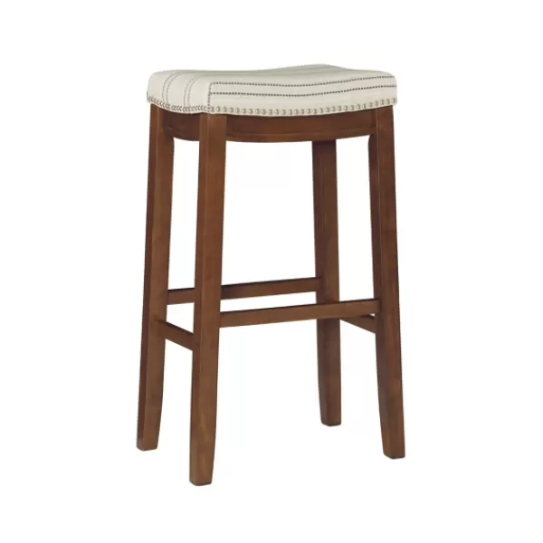 Bar Stools & Counter Height Stools-Kirkland's Home Dark Wood Bar Stool With Striped Cushion Gray