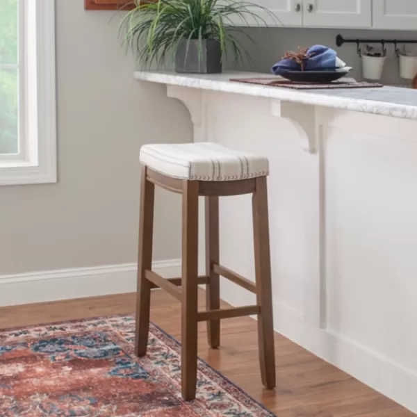 Bar Stools & Counter Height Stools-Kirkland's Home Dark Wood Bar Stool With Striped Cushion Gray