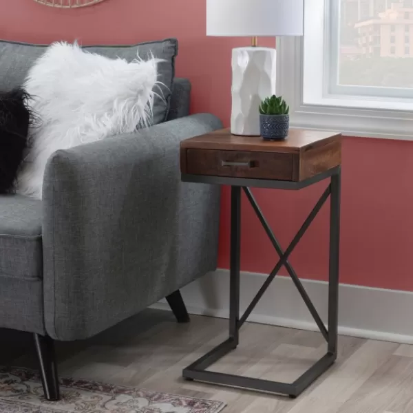 Accent & End Tables-Kirkland's Home Dark Wood Single Drawer C-Frame Accent Table Brown