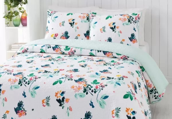 Quilts-Kirkland's Home Daydreaming Floral 2-Pc. King Quilt Set White/Green/Orange