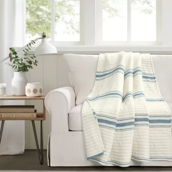 Blankets & Throws-Kirkland's Home Deep Blue Pick Stitch Stripe Decorative Throw Blue/White