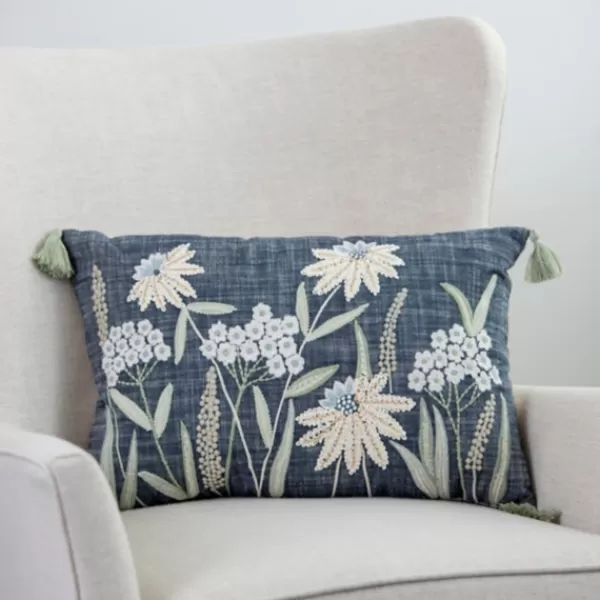 Pillows-Kirkland's Home Denim Floral Embroidered Lumbar Throw Pillow White/Blue/Green