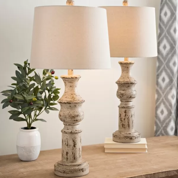 Table Lamps-Kirkland's Home Distressed Cream Table Lamps, Set Of 2 Tan