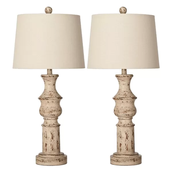 Table Lamps-Kirkland's Home Distressed Cream Table Lamps, Set Of 2 Tan