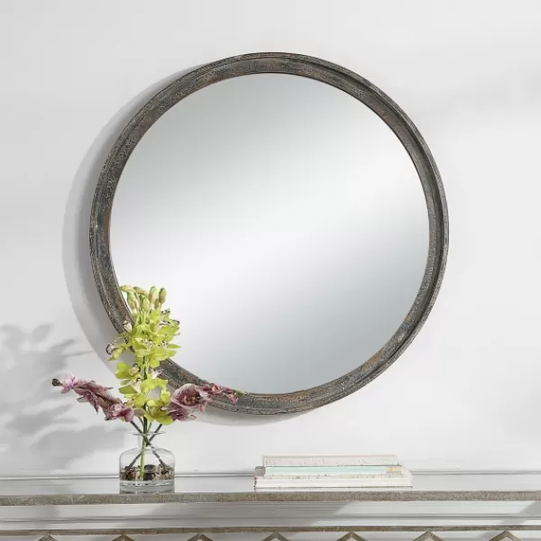Framed Mirrors-Kirkland's Home Distressed Slate Blue Wooden Round Wall Mirror