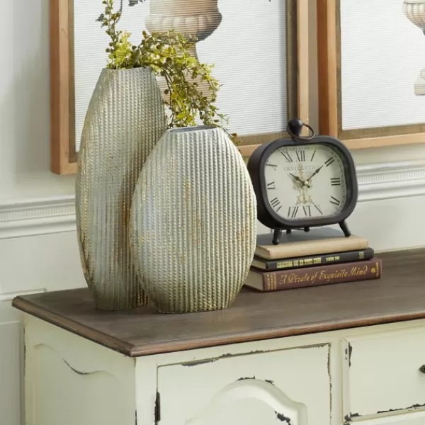 Vases-Kirkland's Home Distressed White And Beige Flat Vases, Set Of 2 Tan/White