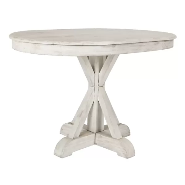 Dining Tables-Kirkland's Home Distressed Wood X Base Oval Dining Table White