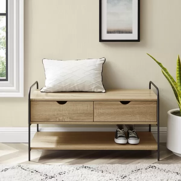 Entryway Furniture-Kirkland's Home Driftwood Shannon 2-Drawer Storage Bench Tan