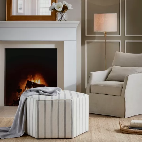 Benches & Ottomans-Kirkland's Home Ellen Stripe Martha Stewart Cocktail Ottoman Ivory