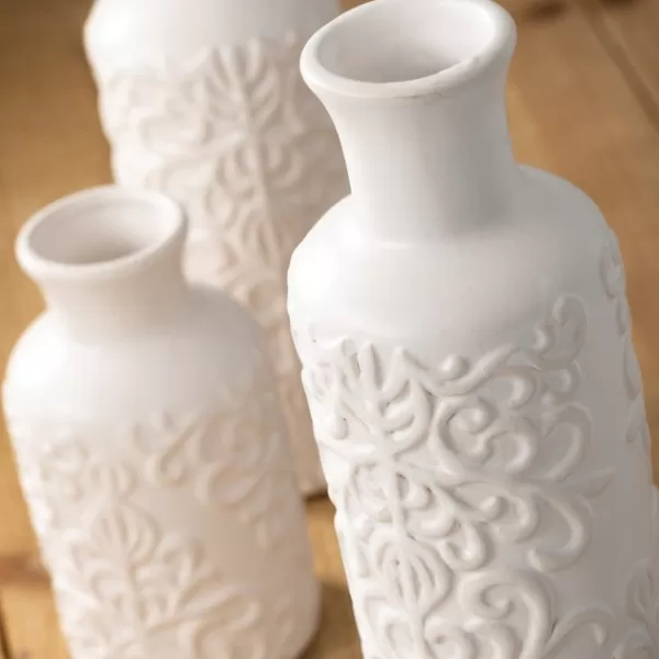 Vases-Kirkland's Home Embossed Scrolling 3-Pc. Vase Set White
