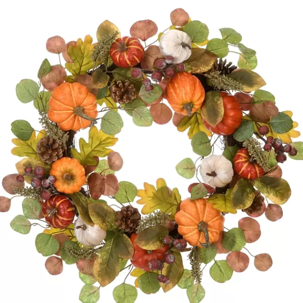 Wreaths-Kirkland's Home Eucalyptus Pumpkin And Pinecone Wreath Green/Orange