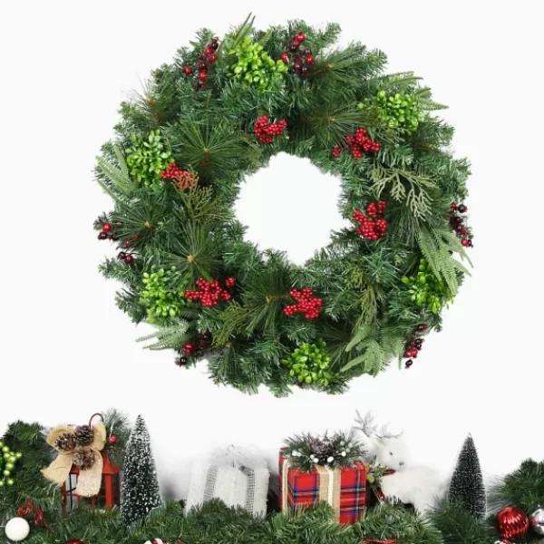Wreaths-Kirkland's Home Evergreen And Red Berries Winter Mix Wreath Green/Red