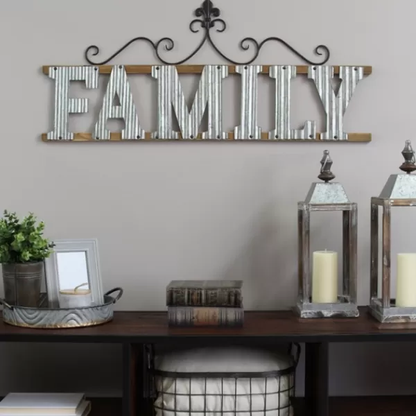 Wall Quotes & Signs-Kirkland's Home Family Scroll Galvanized Metal Wall Plaque Silver/Brown/Black