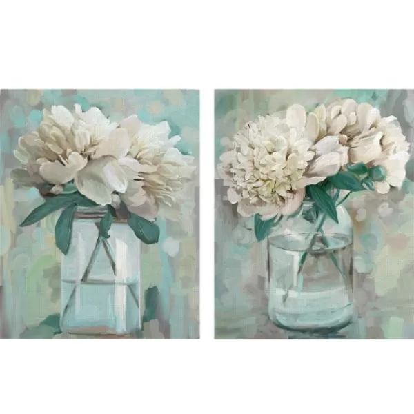 Canvas Art-Kirkland's Home Farmhouse Peonies Canvas Art Prints, Set Of 2 White/Blue/Green/Gray