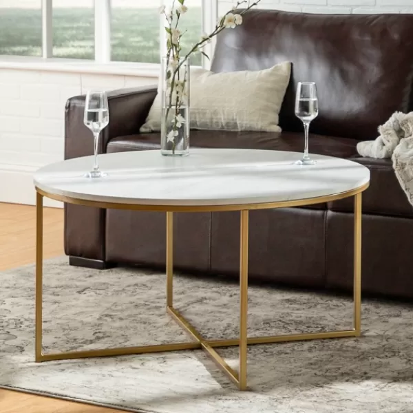 Coffee Tables-Kirkland's Home Faux Marble & Gold X-Base Coffee Table White
