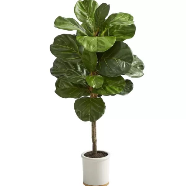 Trees & Topiaries-Kirkland's Home Fiddle Leaf Fig In White Ceramic Planter, 42 In.