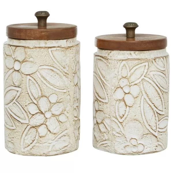 Decorative Bowls & Jars-Kirkland's Home Floral Jars With Wood Lids, Set Of 2 White