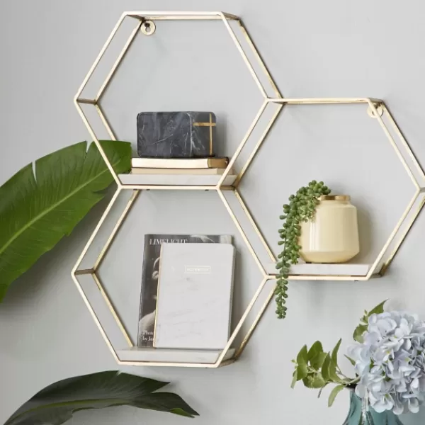 Shelves-Kirkland's Home Frame Marble Honeycomb Wall Shelf Gold