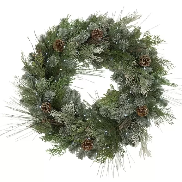 Wreaths-Kirkland's Home Frosted Pine Needle And Pinecone Pre-Lit Wreath Green/Brown