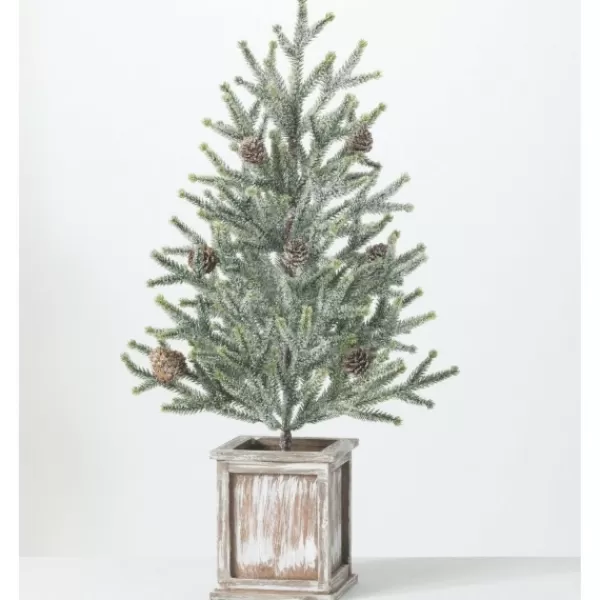 Trees & Topiaries-Kirkland's Home Frosted Pinecone Tree In Whitewash Planter, 24 In. Green/White/Brown