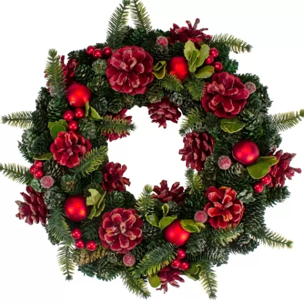 Wreaths-Kirkland's Home Frosted Red Ornament And Pinecone Wreath Green/Red