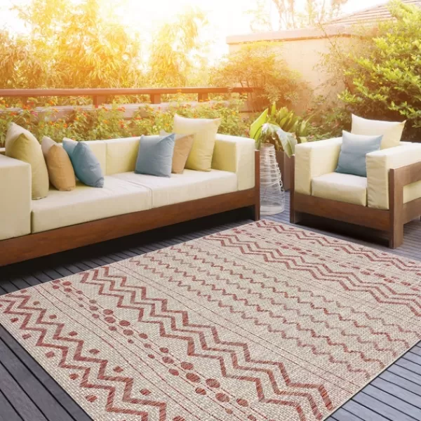 Outdoor Rugs-Kirkland's Home Geometric Stripe Sun Shower Outdoor Area Rug, 7X9 Red/Ivory