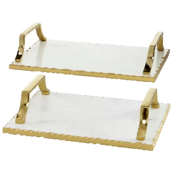 Decorative Trays-Kirkland's Home Gilded White Ceramic Trays, Set Of 2 White/Gold