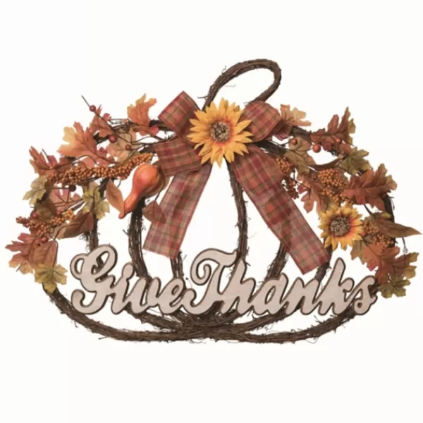 Wreaths-Kirkland's Home Give Thanks Plaid Bow Pumpkin Wreath Orange/Brown