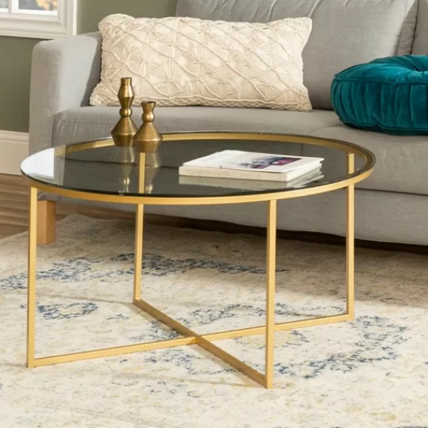 Coffee Tables-Kirkland's Home Glass & Gold X-Base Coffee Table Clear