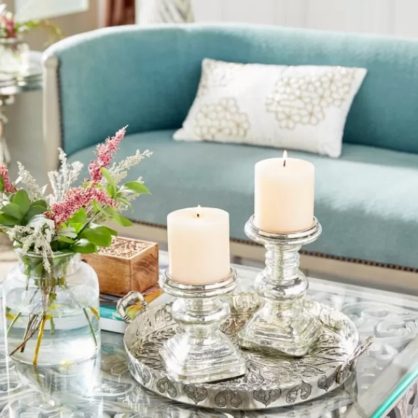Candle Holders-Kirkland's Home Glass Ornate 2-Pc. Pillar Candle Holder Set Silver