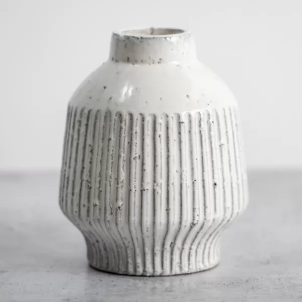 Vases-Kirkland's Home Glaze Ribbed Terracotta Vase, 10 In. White