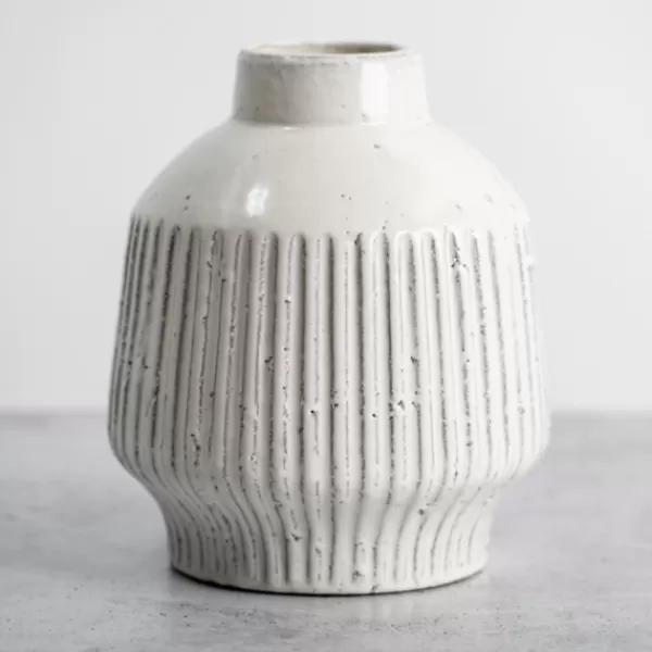 Vases-Kirkland's Home Glaze Ribbed Terracotta Vase, 12 In. White