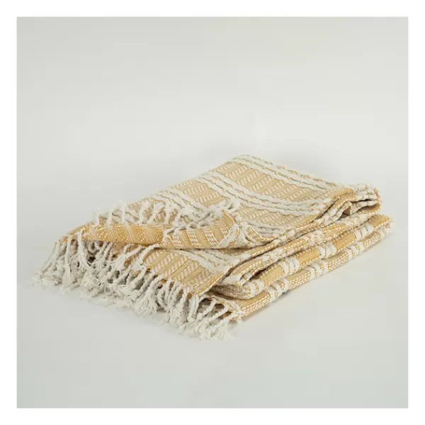 Blankets & Throws-Kirkland's Home Gold And Ivory Striped Cotton Throw Gold/Ivory