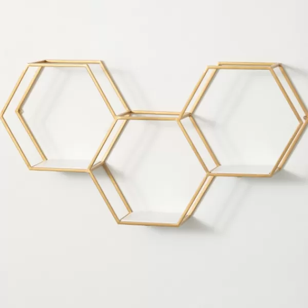 Shelves-Kirkland's Home Gold Hexagonal Metal Frame White Wall Shelf